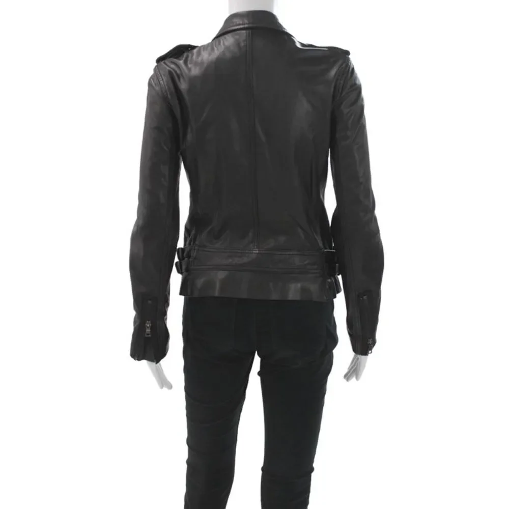 Rebecca Taylor Womens Black Leather Biker Jacket Button Size 2